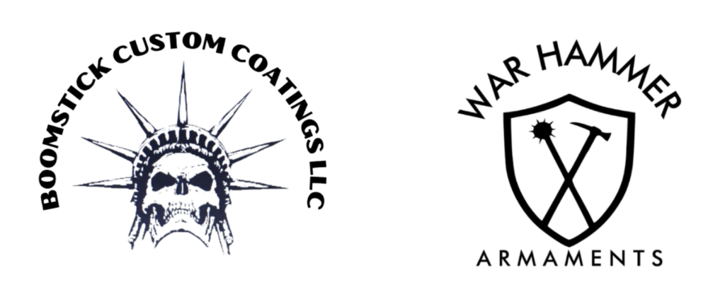 Logos for Boomstick Custom Coatings LLC (Lady liberty with skull) and War Hammer Armaments (shield with war hammers crossed)